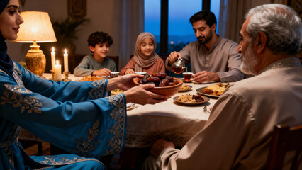 Obraz premium Warm family gathering at dinner, sharing traditional food, showcasing love and togetherness in a cozy setting during evening.