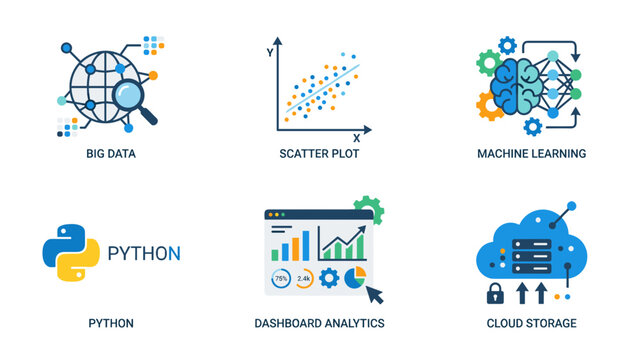 A set of six vector icons representing big data, machine learning, and cloud storage on transparent background