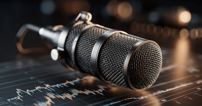 Professional microphone close up with audio waves for recording and broadcasting