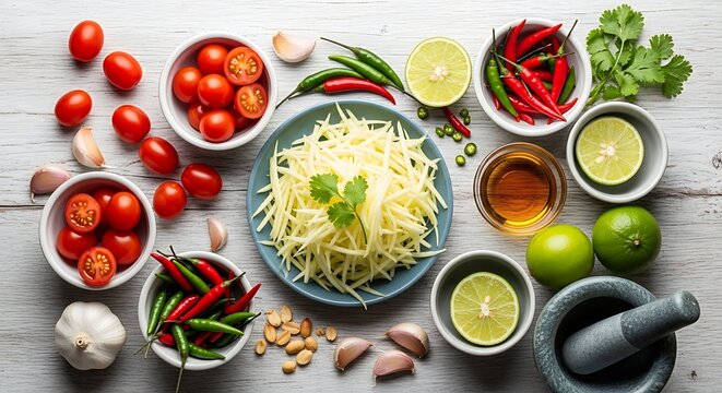 Thai papaya salad preparation ingredients laid out for som tum