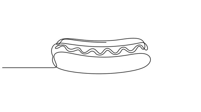 Self animated minimalist, single-line vector drawing of a hot dog. Full length unbroken line art animation, Continuous line art Hot Dog sausage full topped, ketchup, mayo melted. Full length one line.