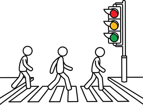Pedestrians crossing the road at a signalized crosswalk during green light phase