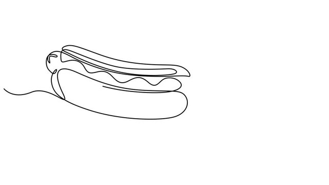 Self animated minimalist, single-line vector drawing of a hot dog. Full length unbroken line art animation, Continuous line art Hot Dog sausage full topped, ketchup, mayo melted. Full length one line.