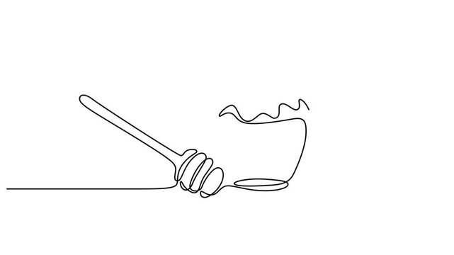 Self animated single continuous line drawing of a honey jar with a dipper. Full length one line animation, honey jar with stick continuous one line drawing animation, Animation of one line drawing pro