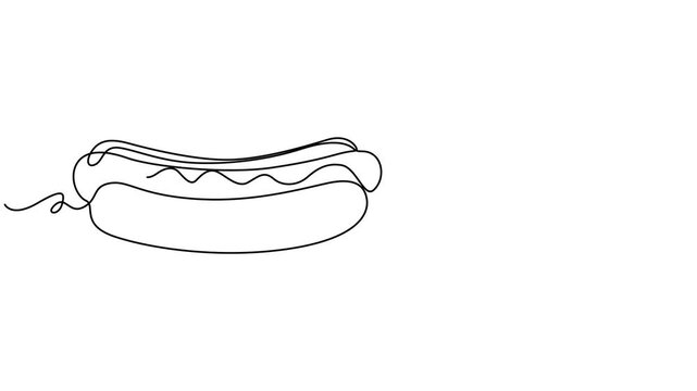 Self animated minimalist, single-line vector drawing of a hot dog. Full length unbroken line art animation, Continuous line art Hot Dog sausage full topped, ketchup, mayo melted. Full length one line.