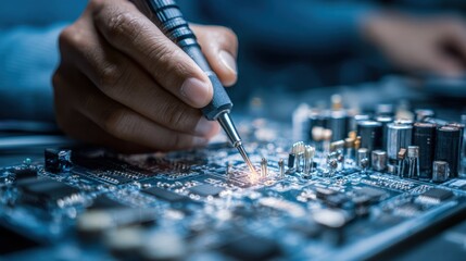 Naklejka premium Electronic circuit board soldering close up with hand holding tool