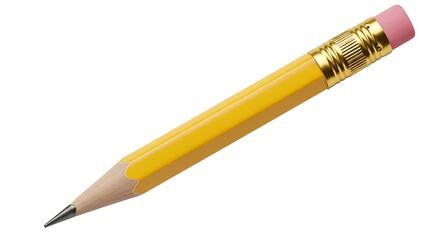 Naklejka premium Close-up of a sharp yellow pencil with a pink eraser and gold ferrule on a white background, perfect for writing and drawing.