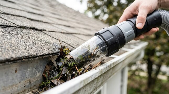 Close up of a clear plastic vacuum nozzle sucking up wet leaves and moss from a house gutter. Modern equipment for residential roof drainage cleaning and maintenance