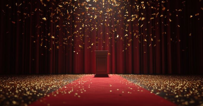 Red carpet and stage with golden confetti falling concept for awards