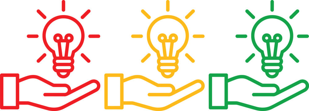 Three hands each holding a glowing lightbulb representing different stages of an idea or process