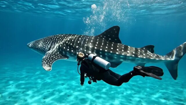 Diver exploring underwater with majestic whale shark near the surface
