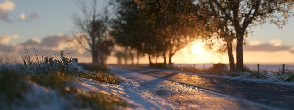 Road through trees at sunset with golden light and frosted vegetation