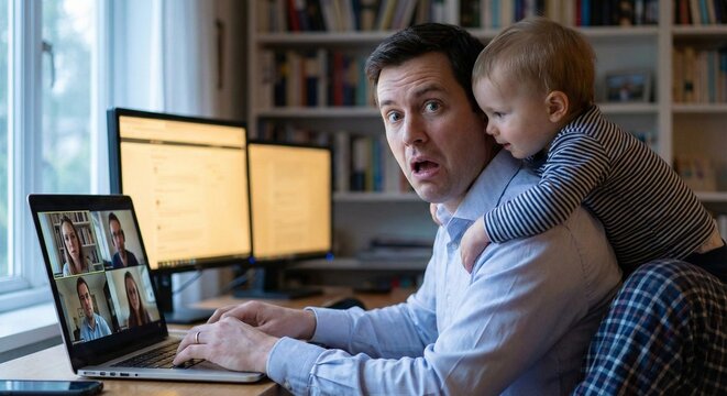 Stressed father working from home on laptop with toddler climbing on his back during video call.