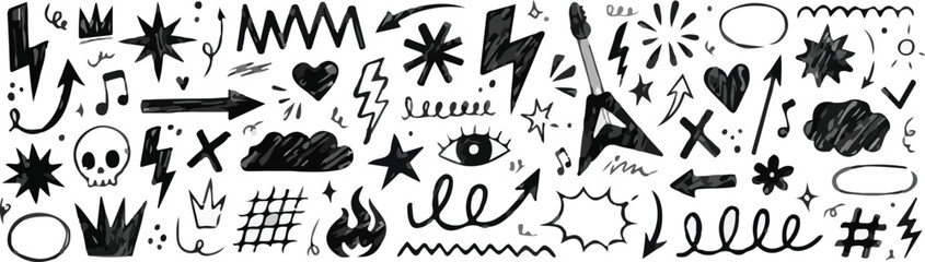 Naklejka premium hand drawn black doodle sketch element set with heart star crown skull lightning arrow flame speech bubble swirl for tattoo sticker comic streetwear and creative graphic design