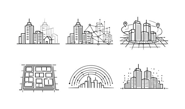 Digital Twin City. Line vector icons of a city where every building has its digital twin (urban twin mapping): building contour,