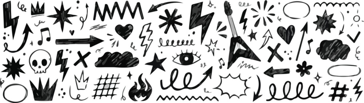 hand drawn black doodle sketch element set with heart star crown skull lightning arrow flame speech bubble swirl for tattoo sticker comic streetwear and creative graphic design