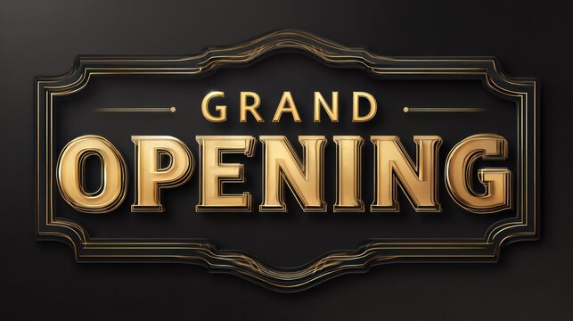 Grand opening announcement sign gold text on black background