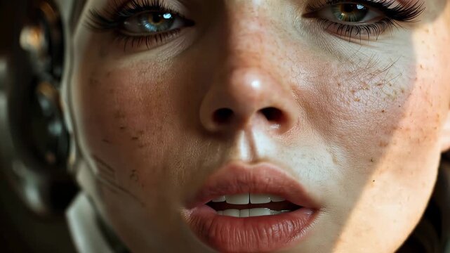 Exploring the intricate details of a female robot face reflecting on artificial intelligence and its emotional depth in technology design