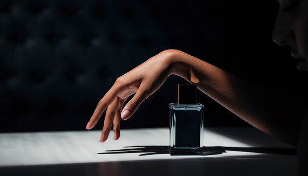 Elegant Hand Reaching for a Perfume Bottle in Dramatic Lighting.
