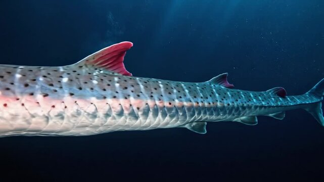 A striped fish swimming through dark blue ocean waters