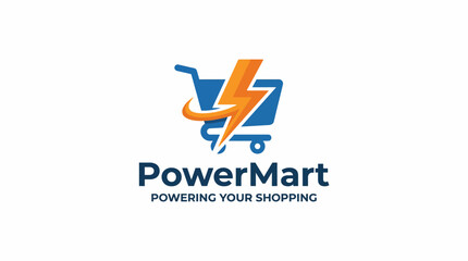 A modern logo for PowerMart showcasing a shopping cart intertwined with a lightning bolt to symbolize fast and efficient shopping experiences. © Jiang