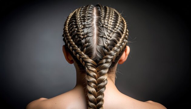Close-up of a persons back with intricate braided hairstyles.