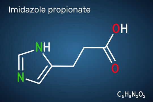 Imidazole propionate, ImP, 5-imidazolepropionic acid molecule. Bacterial metabolite of histidine and neurotoxin linked to gut microbiota and insulin resistance. Dark blue background