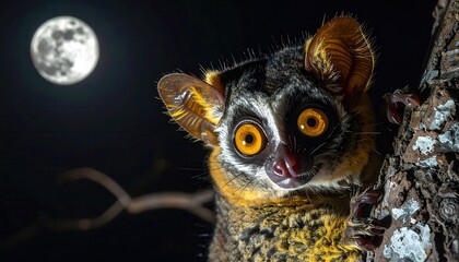 Fototapeta premium Close-up of a nocturnal lemur with large, glowing eyes against a dark night sky with a full moon.