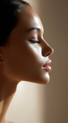 Fototapeta premium Close up profile of woman with soft natural light highlighting smooth skin and beauty