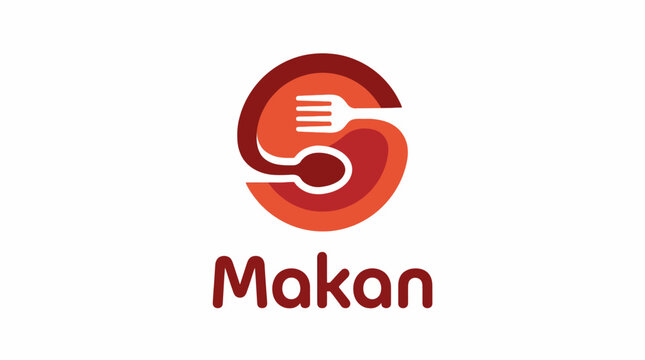 A creative logo design for 'Makan', symbolizing the act of eating with utensils, representing culinary experiences and cultural connections through food and dining.