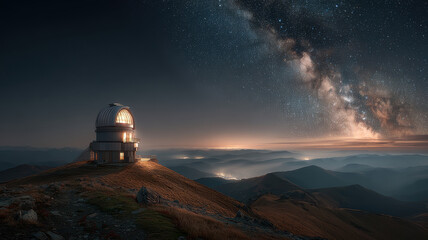 Obraz premium Space universe exploration, fantasy. A nighttime landscape photograph depicts a large, domeshaped observatory perched atop a rocky outcrop. The observatory is illuminated.