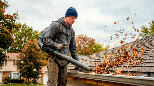 Man using a leaf blower to clear autumn leaves from a house gutter. Fall home maintenance task