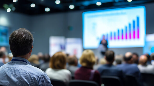 Business presentation with audience watching financial growth chart on screen in conference setting