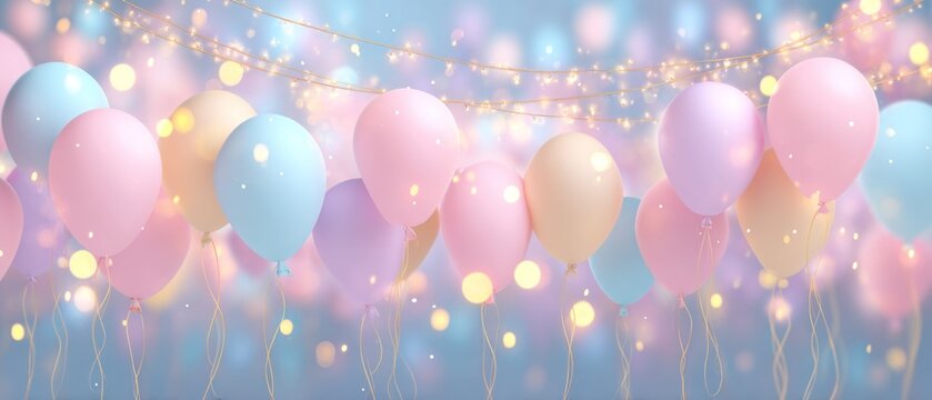 Pastel balloons floating with string lights for festive celebration background