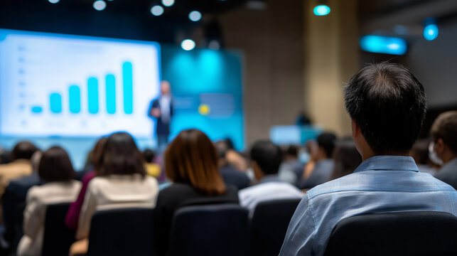 Business presentation with audience watching financial growth chart on screen in conference setting