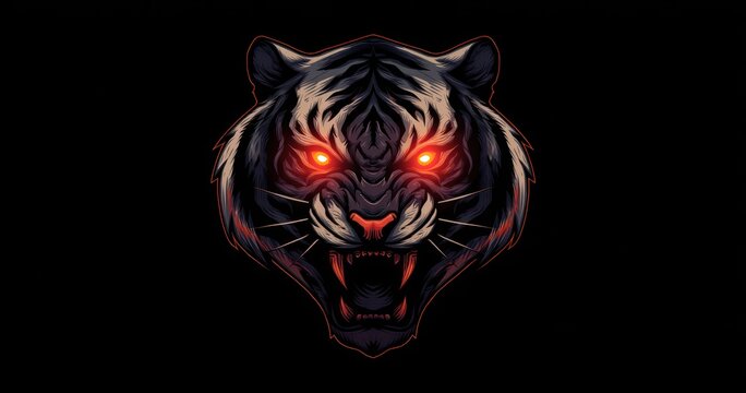 Tiger head illustration with glowing eyes on black background