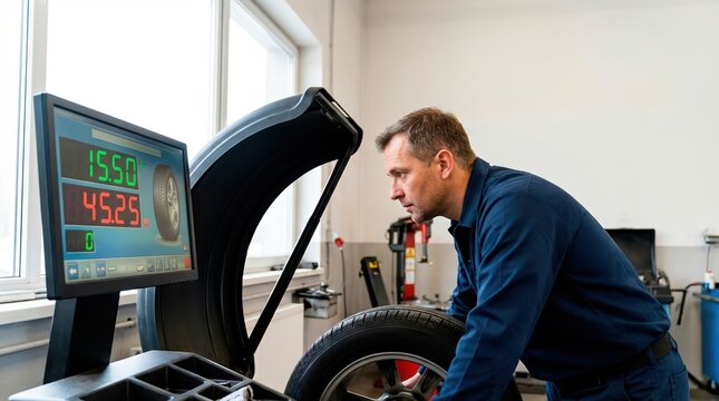 Mechanic using a digital tire balancing machine in a workshop. Professional technician checking wheel alignment and balance. Automotive repair service. Car maintenance equipment