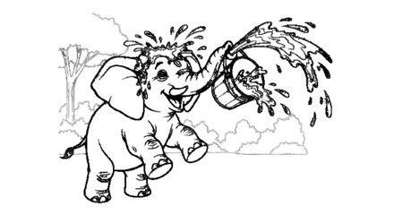 Obraz premium Baby elephant spraying water from bucket, joyful mood, outline drawing, black and white, coloring page style