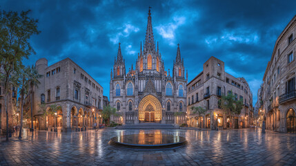 Fototapeta premium Illuminated cathedral facade with city street reflections at dusk in Paris