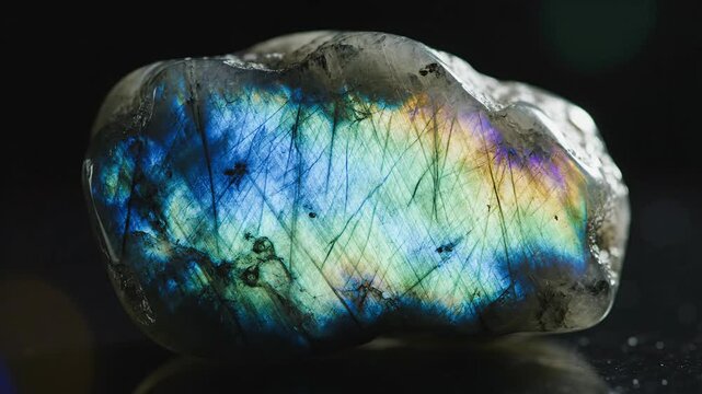 Close up of an iridescent Labradorite gemstone on dark surface
