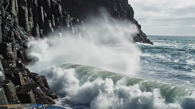 Ocean waves crashing against the rugged basalt cliff