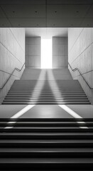 Obraz premium Wide concrete staircase with handrails leading to a bright light filled opening with dramatic sunbeam shadows