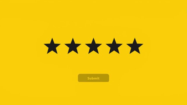 Animated five-star rating system with a submit button on a vibrant yellow background. Perfect for demonstrating customer reviews, feedback, and satisfaction levels in web design and app UI.