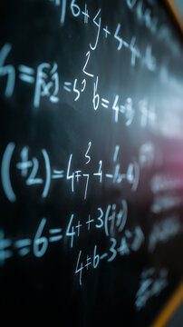 Mathematical equations on chalkboard representing education, science and complex problem solving concept.