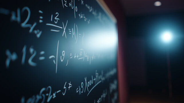 Glowing mathematical equations on dark background representing education, science and analytical thinking concept.