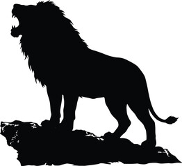 Majestic roaring lion silhouette standing on a rocky cliff, powerful male wild cat king profile, safari wildlife animal vector illustration icon © clickwavebd