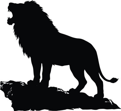 Majestic roaring lion silhouette standing on a rocky cliff, powerful male wild cat king profile, safari wildlife animal vector illustration icon