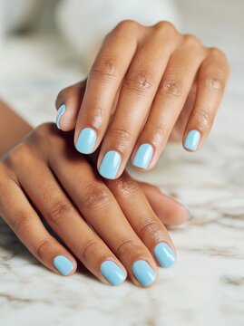 Close up of female hands with short squoval nails painted in light blue color resting on a marble surface, showcasing neat and well-groomed appearance