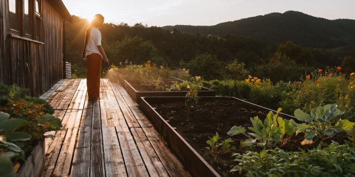 Person standing on deck beside raised garden beds at sunset