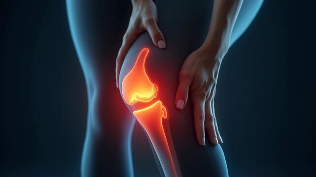 Human knee joint experiencing severe pain, anatomical visualization of injury and inflammation, a person touching the hurting limb 
